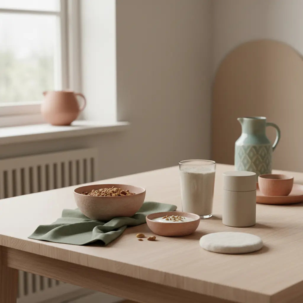 Wie ernährt man sich pflanzlich? Minimalistisches Morgenbild einer europäischen Küche mit pflanzlichem Frühstück: Granola, pflanzlicher Joghurt, Nüsse und Shake, Keramik und Leinen.