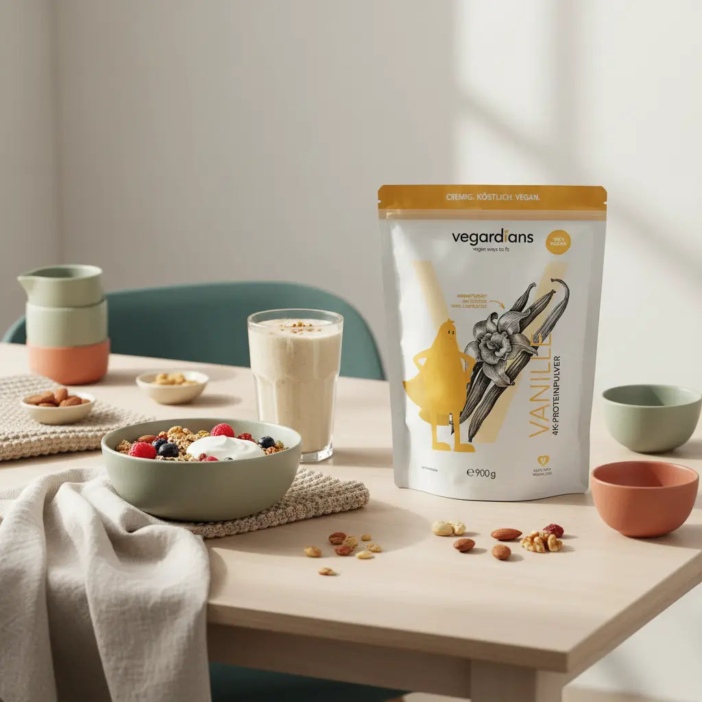Wie gesund ist Almased wirklich? Minimalistische Vegardians-Frühstücksszene: veganes Müsli, pflanzlicher Joghurt, Nüsse und Shake auf nachhaltigem Holztisch im sanften Morgenlicht.