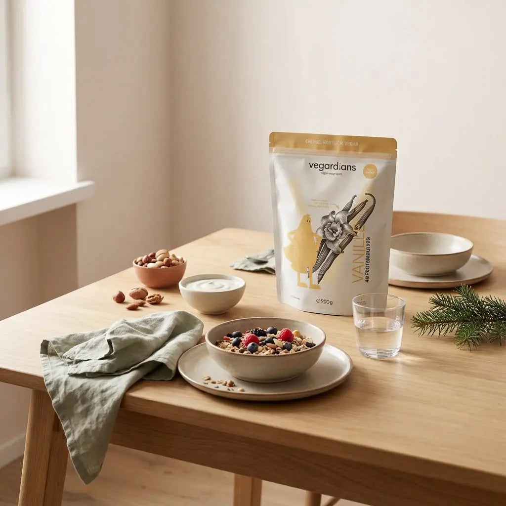 Wie gesund sind Plätzchen? Minimalistische Frühstücksszene in europäischer Küche mit veganem Müsli, Joghurt, Nüssen und Glas Wasser im sanften Morgenlicht.