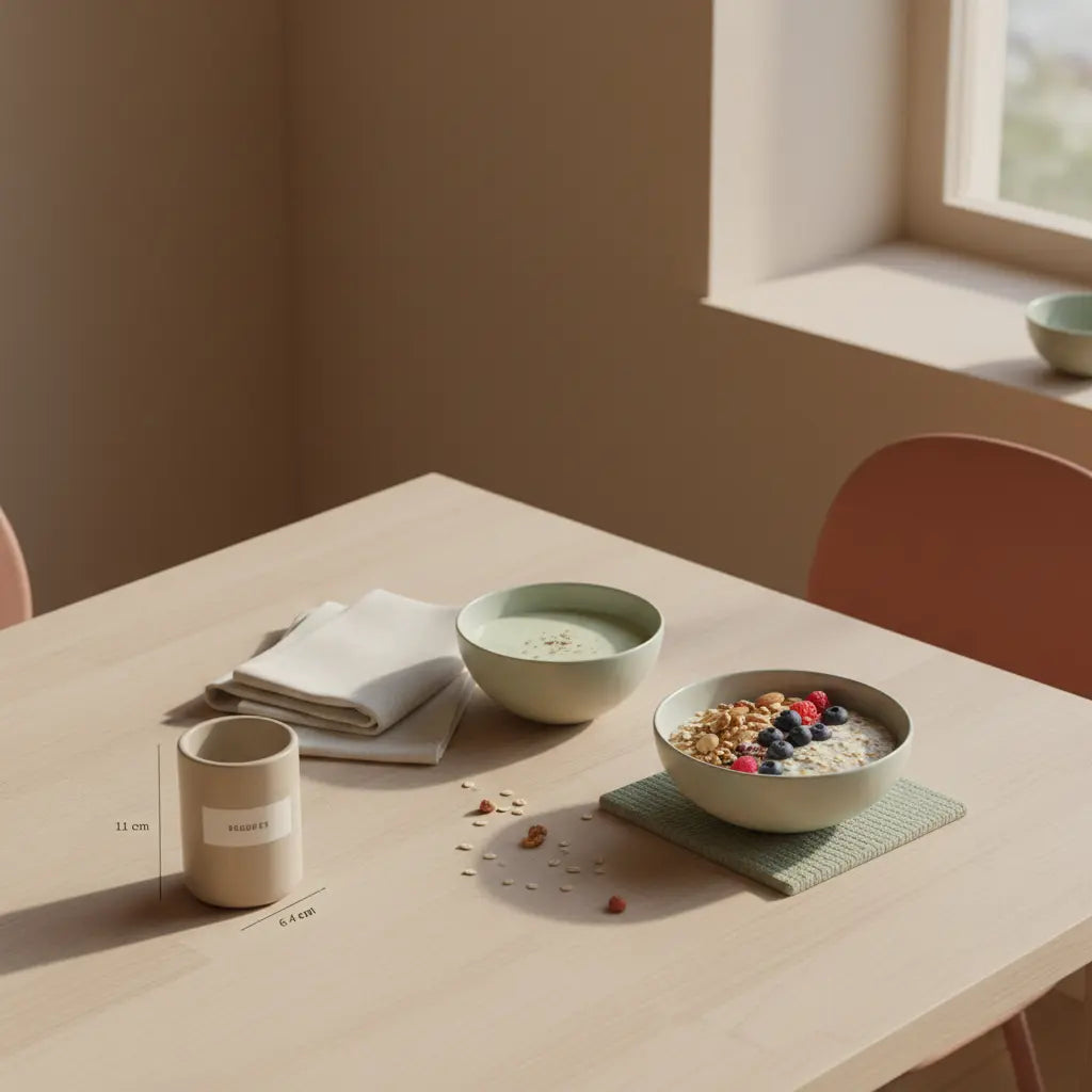 Minimalistische Morgenküche mit veganem Haferbrei, Nüssen, Beeren und Shake auf nachhaltigem Holztisch, ruhiges Stillleben zum Thema wie kann ich endlich abnehmen.