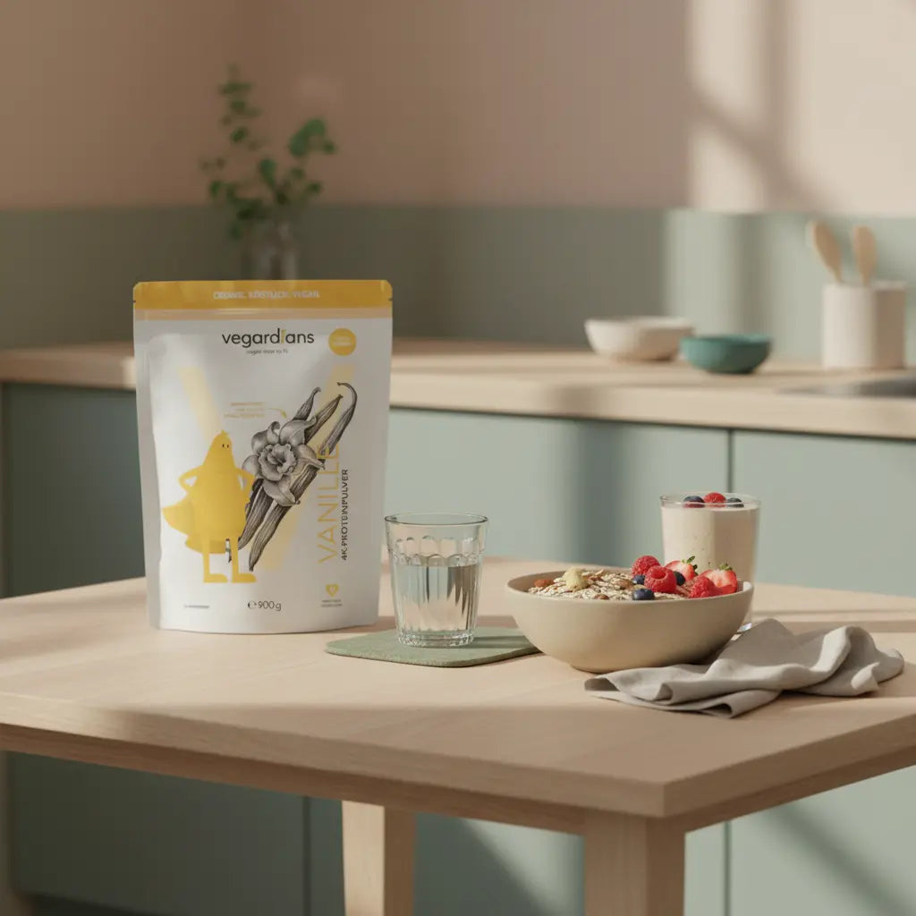 Wie kann ich in 7 Tagen abnehmen? Ruhiges Morgenfrühstück in europäischer Küche mit Müsli, Beeren, Glas Wasser und veganem Shake auf nachhaltigem Tisch.