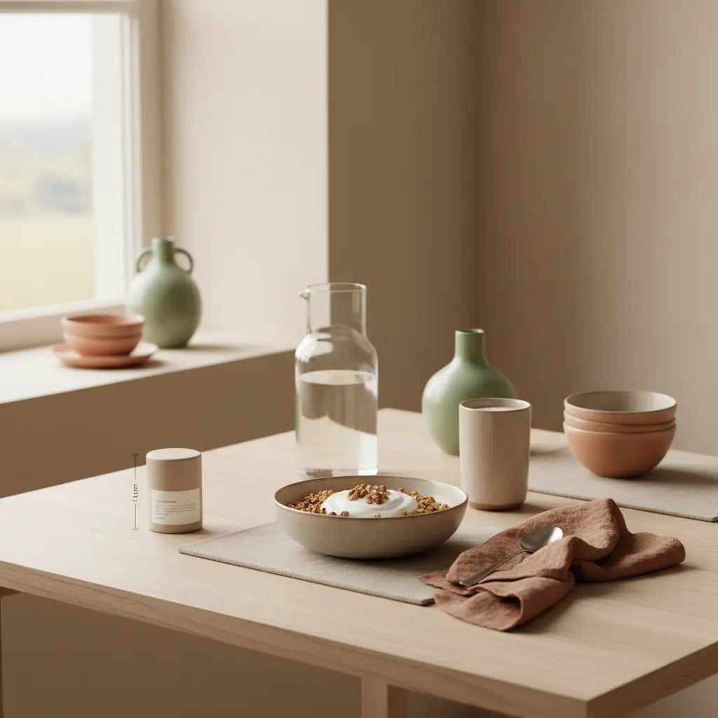 Wie kann man sich im Winter motivieren? Ruhiges, minimalistisches Winter-Frühstück in einer europäischen Küche mit Müsli, Joghurt, Nüssen und Shake in erdiger Vegardians-Palette (#F7EDE6).