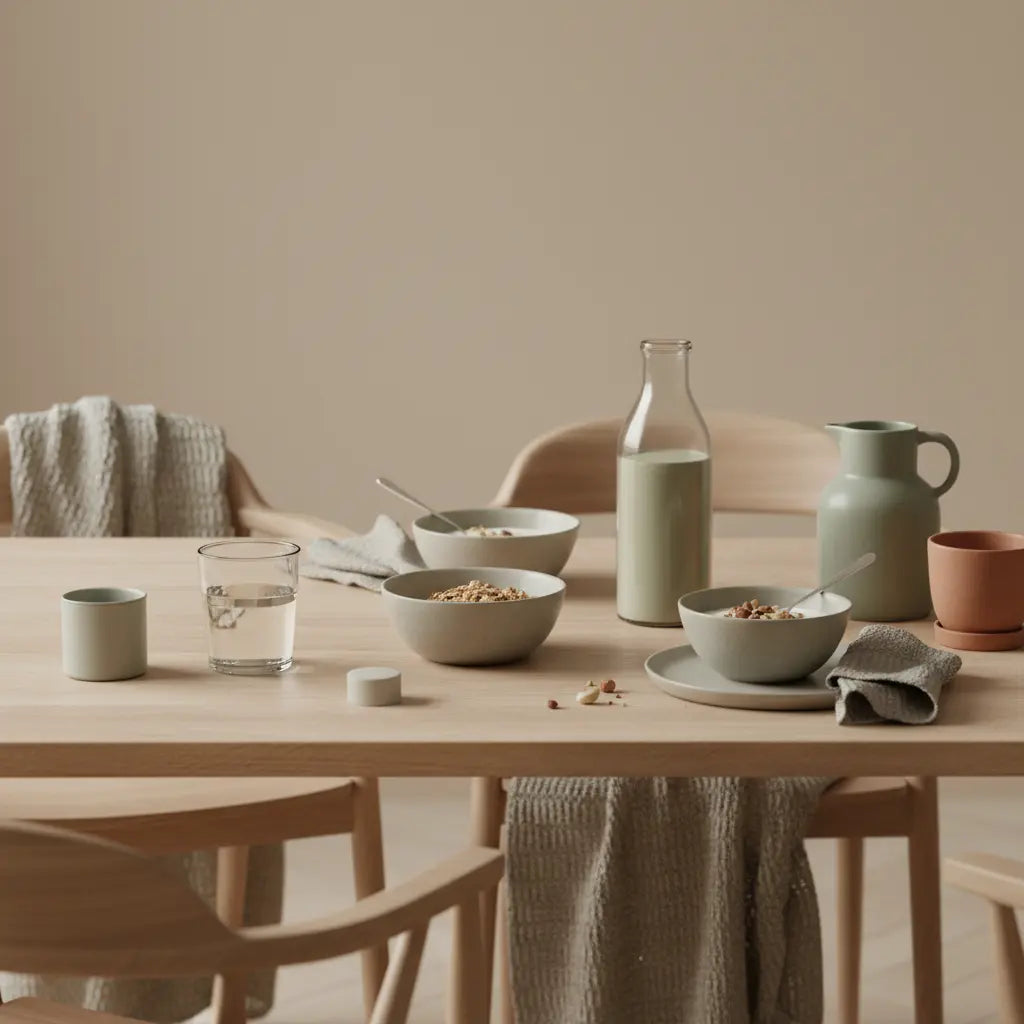 Wie kann man sich im Winter motivieren? Minimalistisches Morgenfrühstück in europäischer Küche mit Granola, Joghurt, veganem Shake und Wollakzenten.