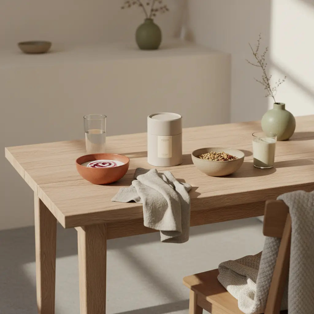 Minimalistisches Frühstück mit Hafer-Granola, Pflanzendrink, Nüssen und Shake in ruhiger Vegardians-Ästhetik — wie kann man tierisches eiweiß ersetzen