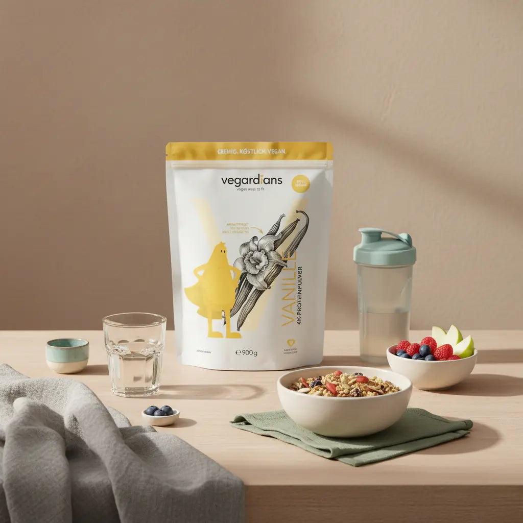 Bewusstes Morgenritual mit proteinreichem Müsli, Obst, offenem Protein-Shaker und Wasserglas neben dem Produkt aus den Referenzfotos auf minimalistischem Tisch — wie lange dauert es bis man abnimmt