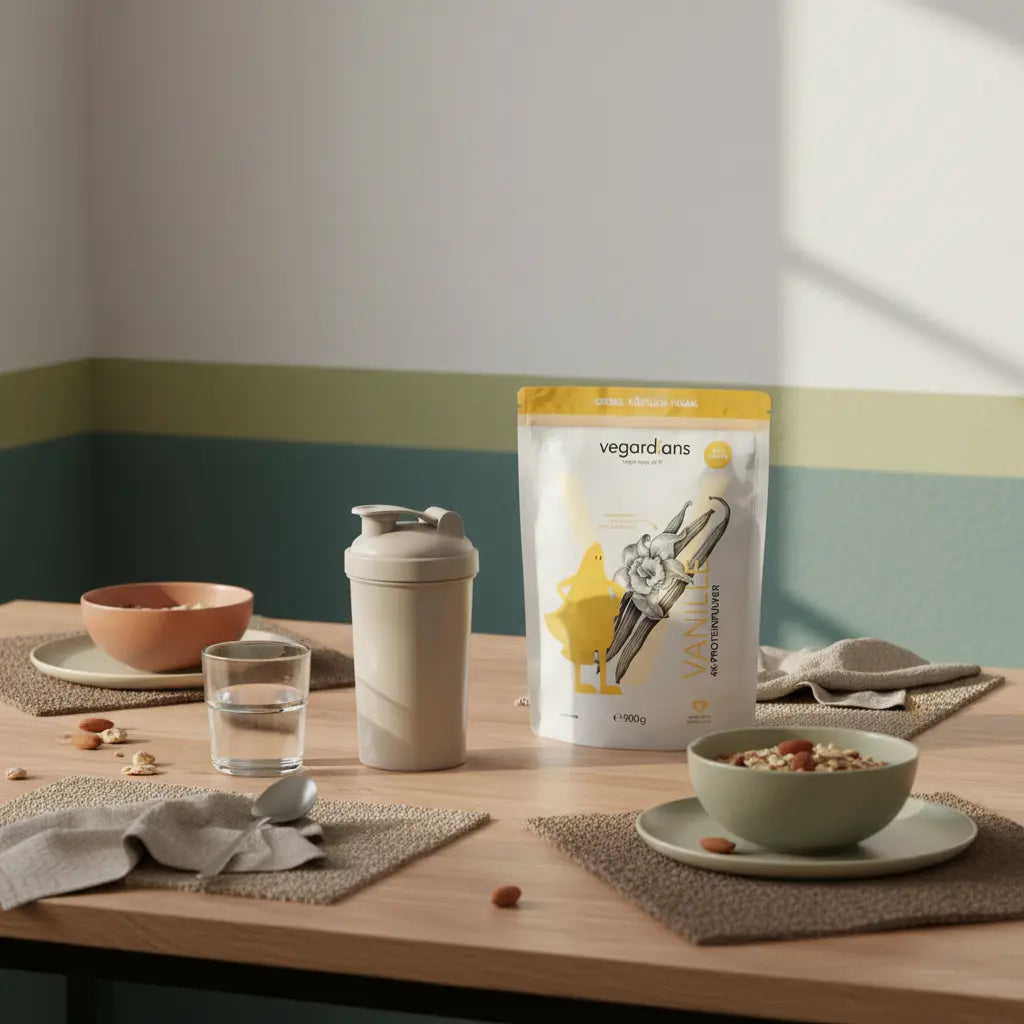 Morgendliche Küchenszene mit Müsli, neutralem Proteinshake und Glas Wasser auf nachhaltigem Holztisch in Beige und Salbei. Wie lange dauert es nach einer Ernährungsumstellung, bis man Gewicht verliert?