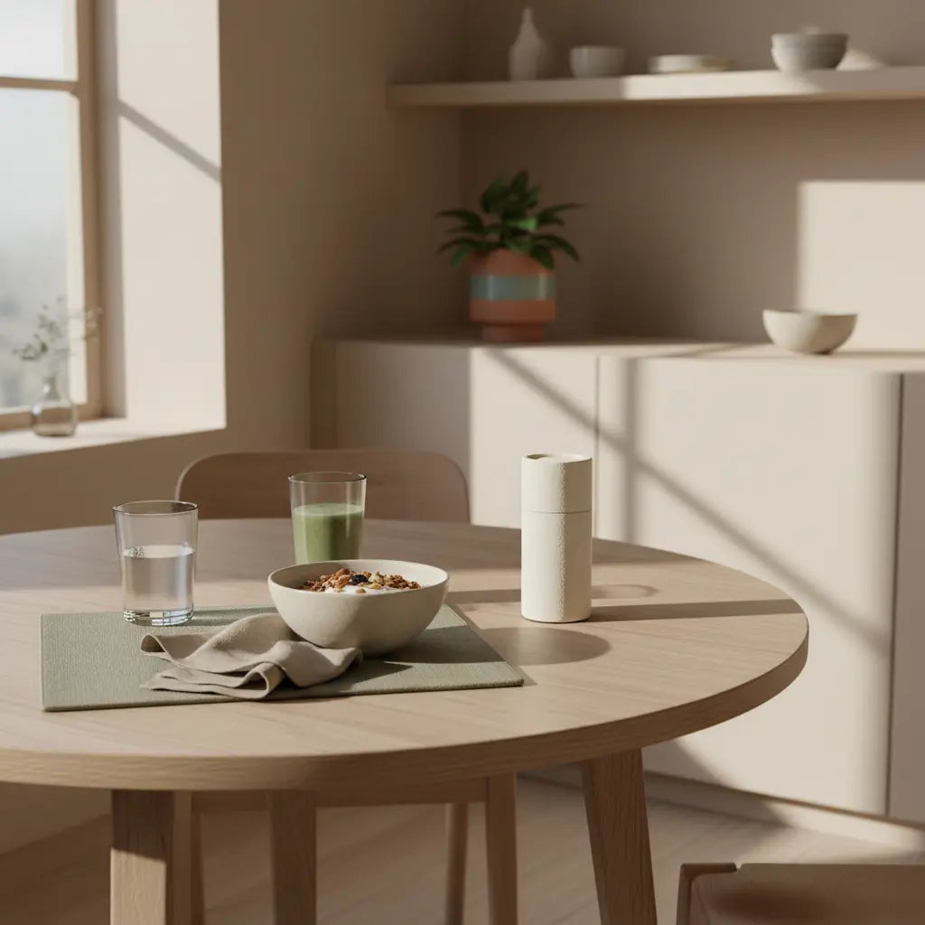 Minimalistische Morgen-Szene in einer europäischen Küche mit veganem Granola, Joghurt, Nüssen, Shake und Glas Wasser in ruhiger, erdiger Farbpalette – wie lange dauert muskelaufbau bei frauen