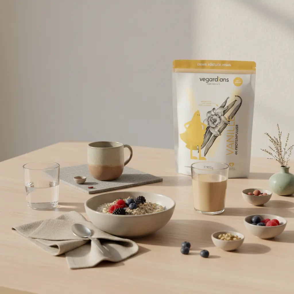 Minimalistische Frühstücksszene mit Haferflocken, Proteinshake und Glas Wasser auf Holztisch im warmen Morgenlicht – wie lange tanzen um abzunehmen