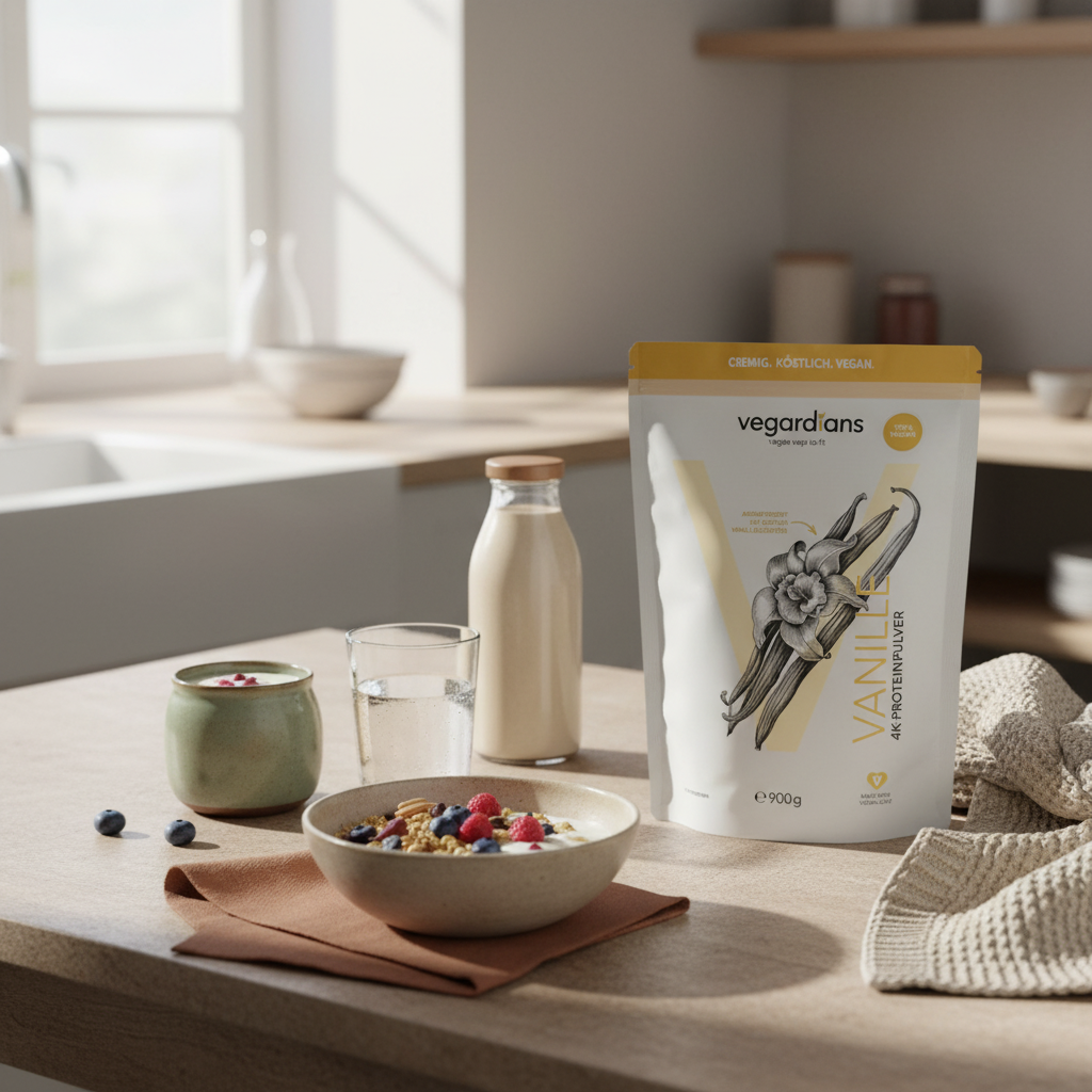 Sanfte Morgenlicht-Küchenszene mit veganem Proteinmüsli, Joghurt mit Beeren, Proteinshake und Glas Wasser auf nachhaltigem Tisch – Wie nehme ich als Frau am Bauch ab?