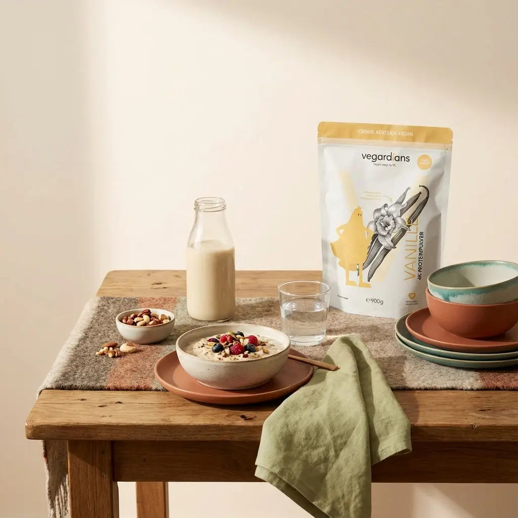Sanfte Morgenaufnahme einer vegetarischen Frühstücksszene mit Porridge, Wasser, Nüssen und pflanzlichem Shake auf nachhaltigem Holztisch – wie nehme ich als Vegetarier ab