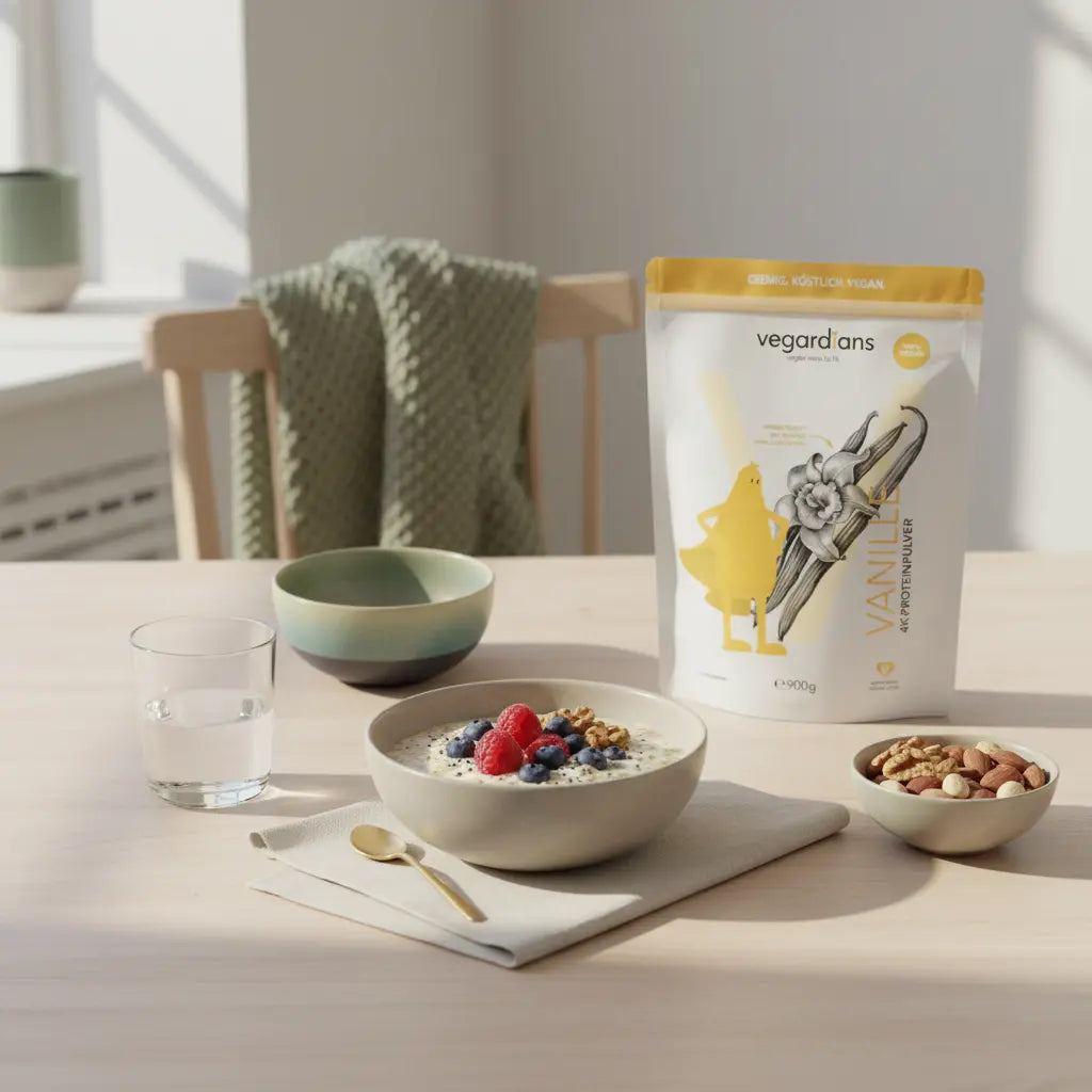 Wie nimmt eine Frau am schnellsten ab? Minimalistisches Frühstück in europäischer Küche: Haferbrei mit Beeren, kleine Schale Nüsse, Wasserglas und neutrales Proteinpulver-Döschen im Morgenlicht.