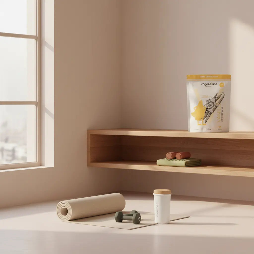 Wie oft ins Fitnessstudio als Anfänger — ruhige Morgen-Trainingsszene mit Matte, Kurzhanteln, leerem Proteinshaker und Vegardians‑Proteinbeutel auf Regal in naturtönen.