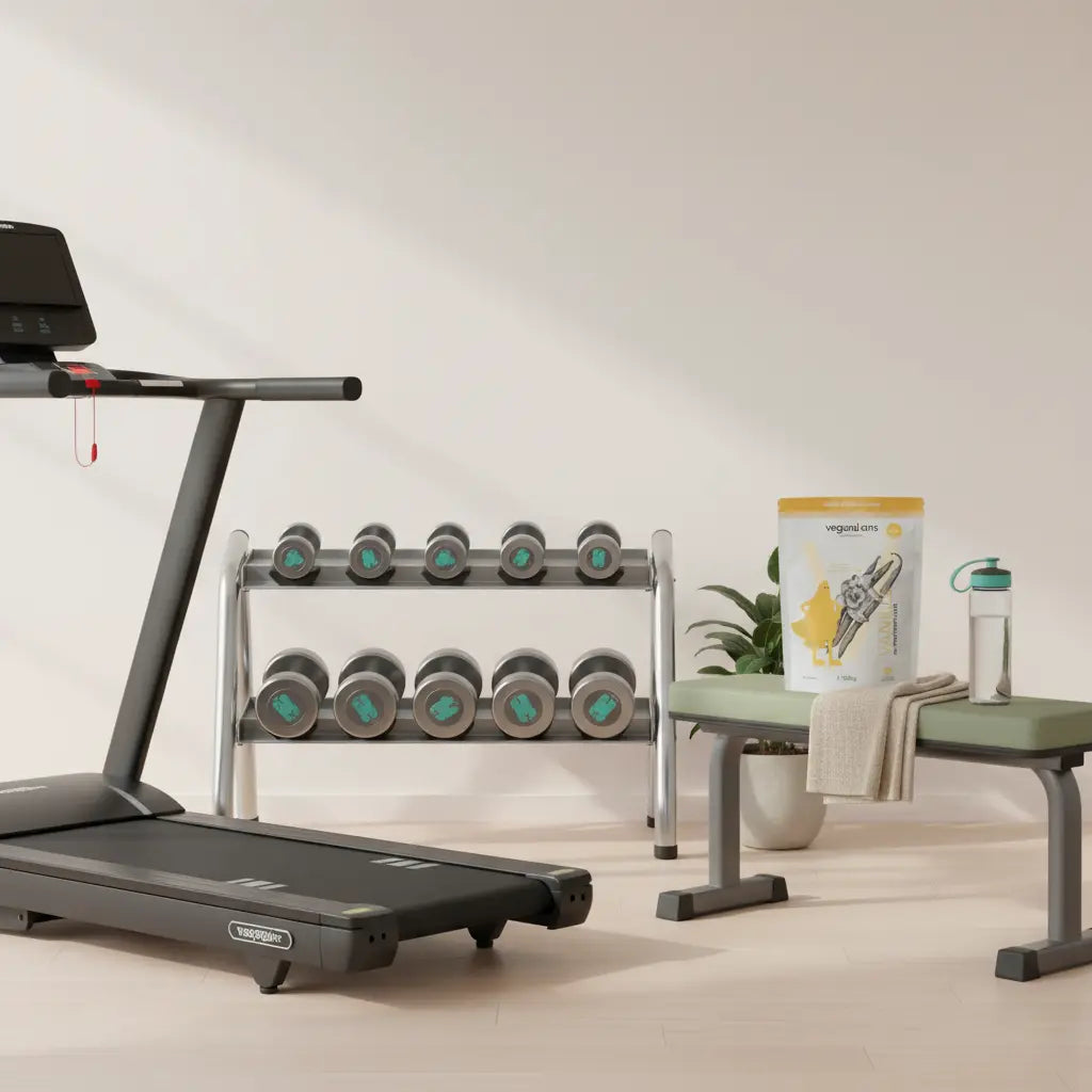 Leeres Fitnessstudio im sanften Morgenlicht mit Laufband, Hanteln, Trainingsbank, gefaltetem Handtuch und Wasserflasche – Wie oft kann man ein Probetraining machen?