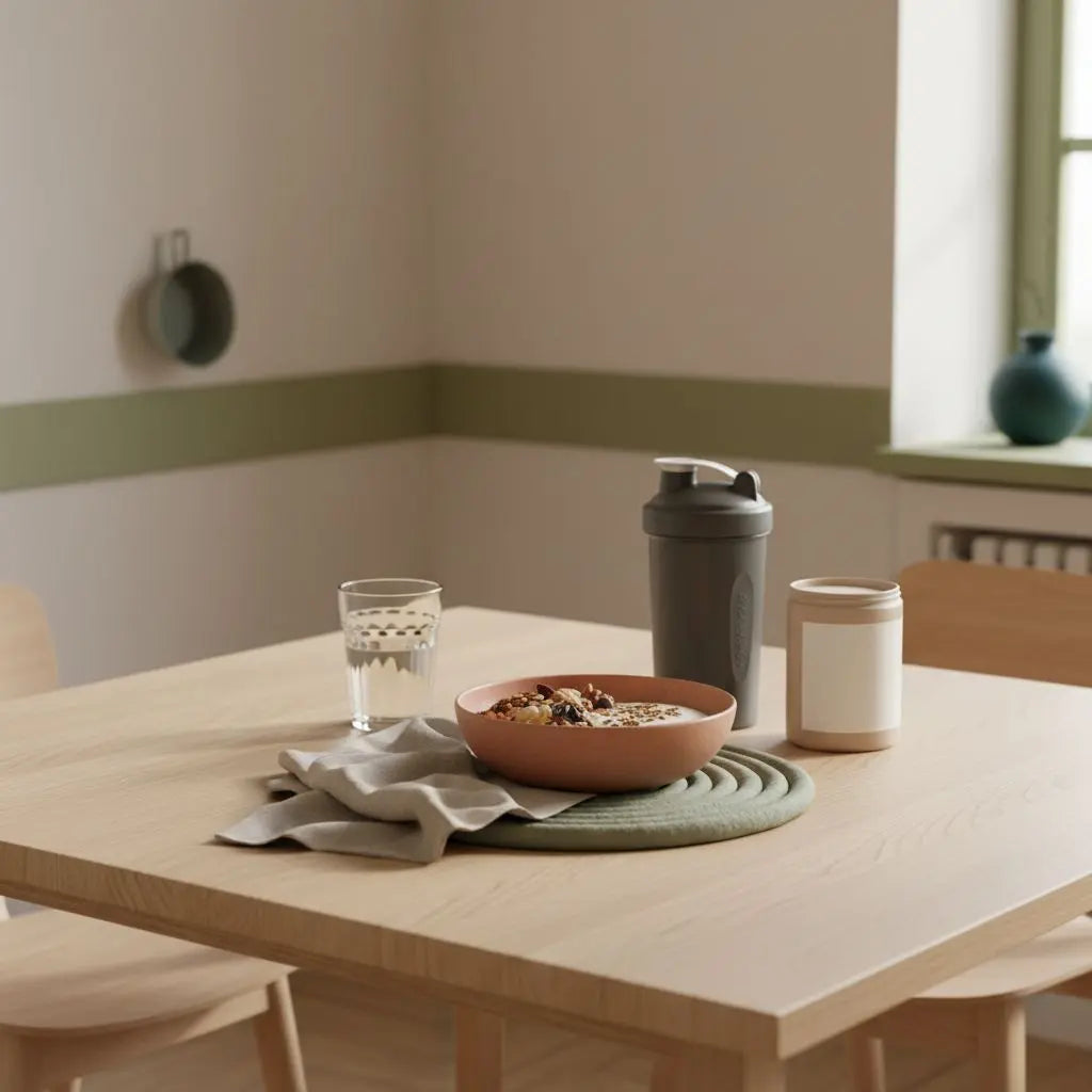 Minimalistische europäische Küchenszene im Morgenlicht mit nachhaltigem Holztisch, veganer Frühstücks-Bowl, Glas Wasser und Proteinshake neben dem Produkt aus den Referenzfotos. Wie schnell kann ich abnehmen?
