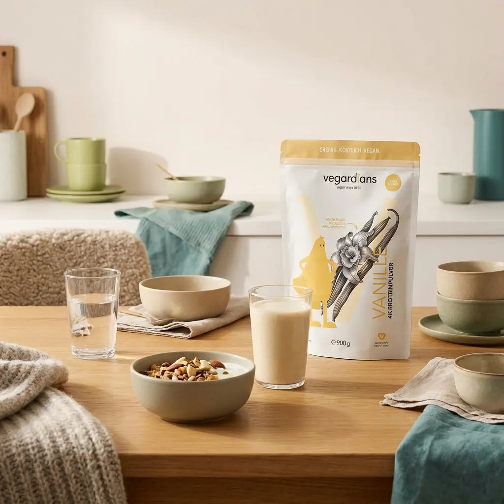 Minimalistische Küchenaufnahme mit veganer Mahlzeit, Proteinshake, Glas Wasser und Produkt – wie schnell kann man 10 kg verlieren in ruhigem Morgenlicht, Hintergrund #F7EDE6