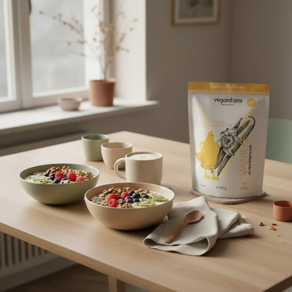 Europäische Küche im Morgenlicht mit pflanzlicher Protein-Bowl, Nüssen und Shake auf nachhaltigem Holztisch, ruhige nährende Stimmung – wie schnell kann man mit Eiweiß abnehmen