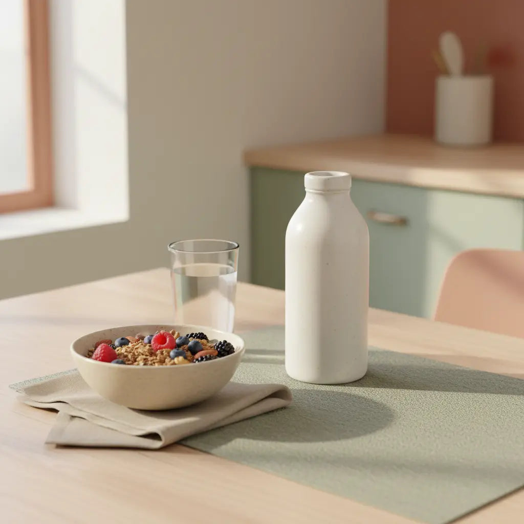 Minimalistische Morgenküche mit Holztisch, Glas Wasser, Müsli mit Beeren und Nüssen sowie verschlossenem Protein‑Shake (das Produkt aus den Referenzfotos) – wie verliere ich am schnellsten fett am bauch