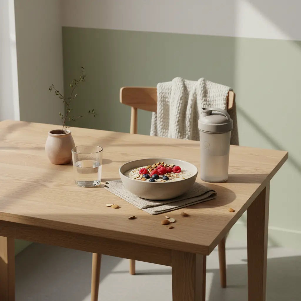 Minimalistisches Frühstücksstillleben in europäischer Küche mit Haferporridge, Beeren, Nüssen und Proteinshake. Wie verliert Frau am schnellsten Bauchfett