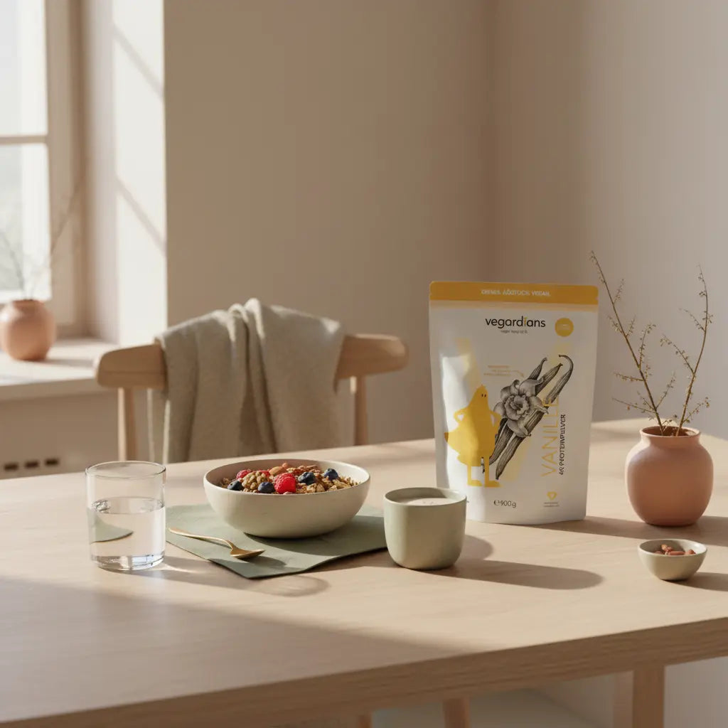 Morgenszene: nachhaltiger Holztisch mit Glas Wasser, Schale Müsli mit Beeren und Nüssen, Proteinshake, Leinen- und Wollakzente; wie viel abnehmen in einer woche