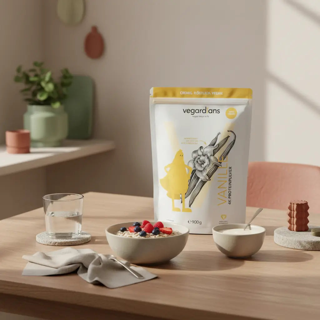 Morgenlicht-Küchenszene mit nachhaltigem Tisch, Glas Wasser, Schale Overnight Oats mit Beeren und Vegardians-Protein-Shake in Keramikschale – wie viel kann man in 4 wochen abnehmen