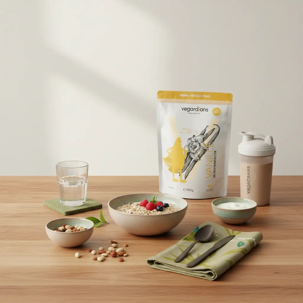 Minimalistische Morgenküche mit veganer Mahlzeit, Proteinshake und Wasserglas auf nachhaltigem Holztisch – Wie viel kg kann man in 2 Wochen zunehmen? Vegardians