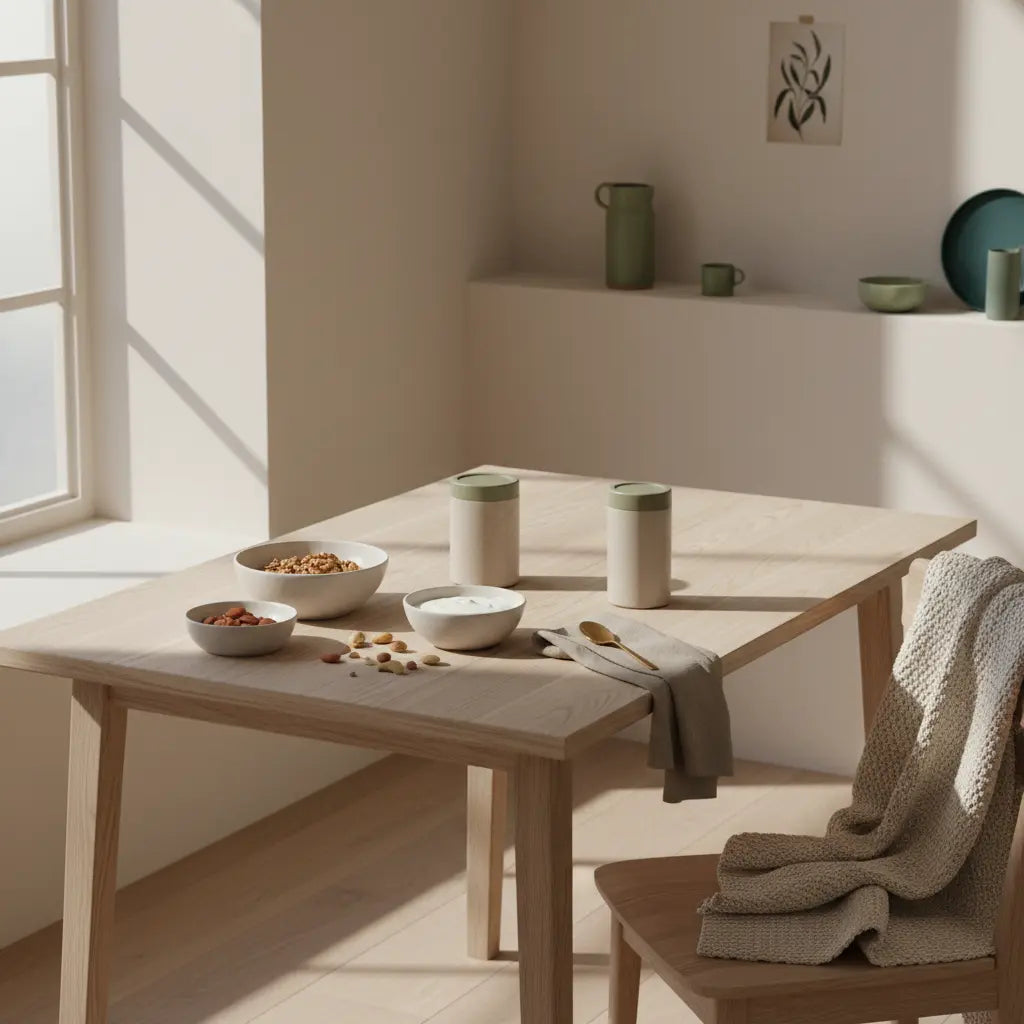 Minimalistisches Frühstück in europäischer Küche mit Granola, Joghurt, Nüssen und Protein-Shake im weichen Morgenlicht — Vegardians-Farben. Wie viel Süßes am Tag ohne zuzunehmen?