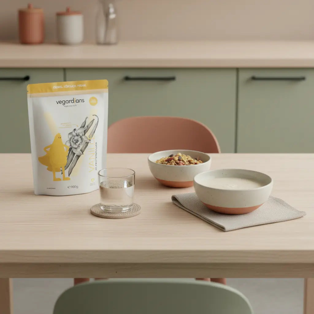 Wie viel Whey Protein pro Tag zum Abnehmen? Minimalistische europäische Küchen-Szene mit Holztisch, Glas Wasser, Schüssel mit Müsli, Nüssen und Shake im sanften Morgenlicht.