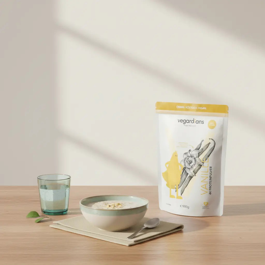 Minimalistische Frühstücksszene mit Haferbrei, Glas Wasser und Vegardians-Shaker in einer europäischen Küche – Wie viele Kalorien verbrennt eine Kältekammer?