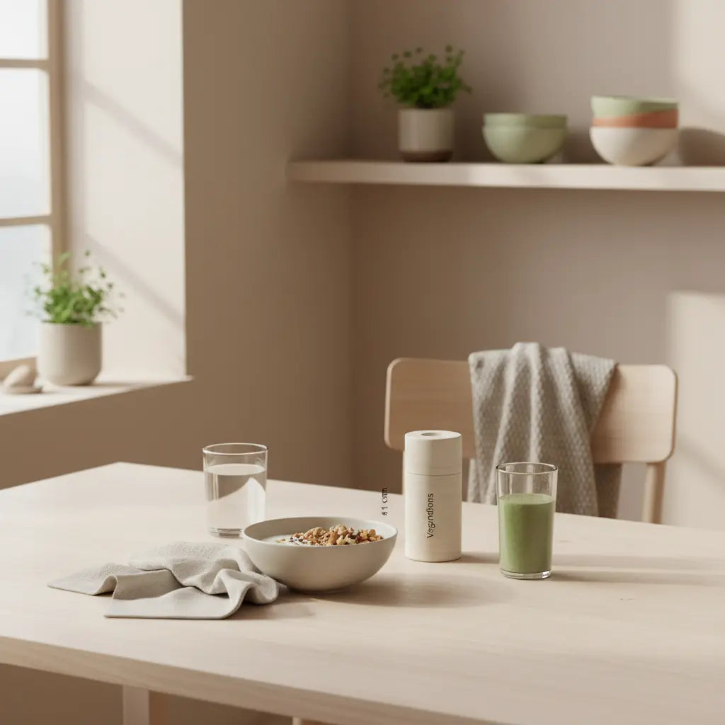 Minimalistischer veganer Frühstückstisch mit Granola, Joghurt, Nüssen und Shake in ruhiger Morgenstimmung – Fokus: wie viele pflanzliche lebensmittel pro woche