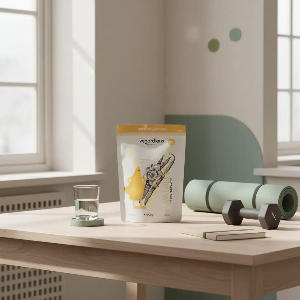 Morgenliches, minimalistisches Fitness-Setup auf Holztisch mit Proteinshaker, gefalteter Matte, Hantel, Notizbuch und Vegardians-Produkt — Wie viele Übungen sollte ein Ganzkörpertraining haben?