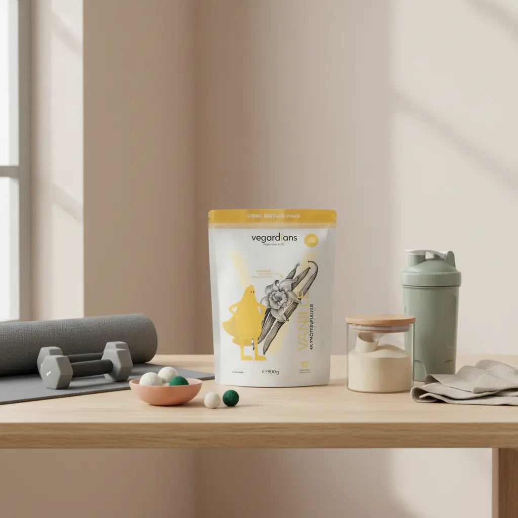 Stillleben für Winkearme: Matte, zwei Kurzhanteln, geschlossenes Glas mit pflanzlichem Proteinpulver-Becher (Produkt aus Referenzfotos) und Shaker auf Holztisch im sanften Morgenlicht.