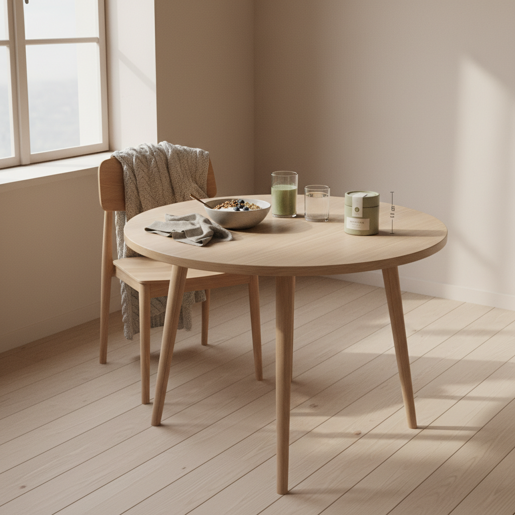 Minimalistisches veganes Frühstück in einer hellen europäischen Küche mit Granola, Joghurt und Shake, wollige Winterakzente in Vegardians-Farbwelt — Winterblues Dauer