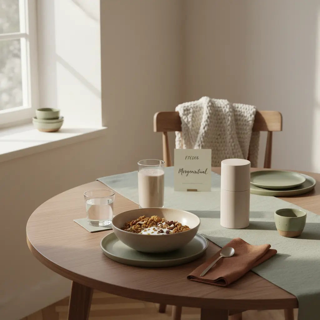 Minimalistisches Frühstück mit veganer Granola‑Schale, Shake und Wasserglas in warmen Beige‑ und Salbeitönen; ruhige Morgenstimmung gegen Winterdepression.