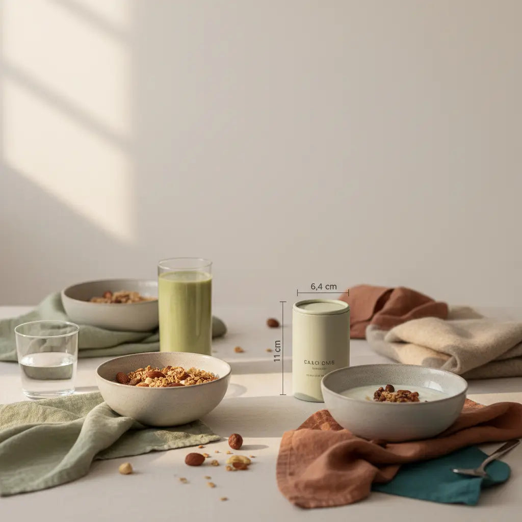 Minimalistischer Frühstückstisch in europäischer Küche bei Morgenlicht mit Granola, veganem Joghurt, Nüssen und Shake als ruhige, nährende Szene gegen Winterdepression.