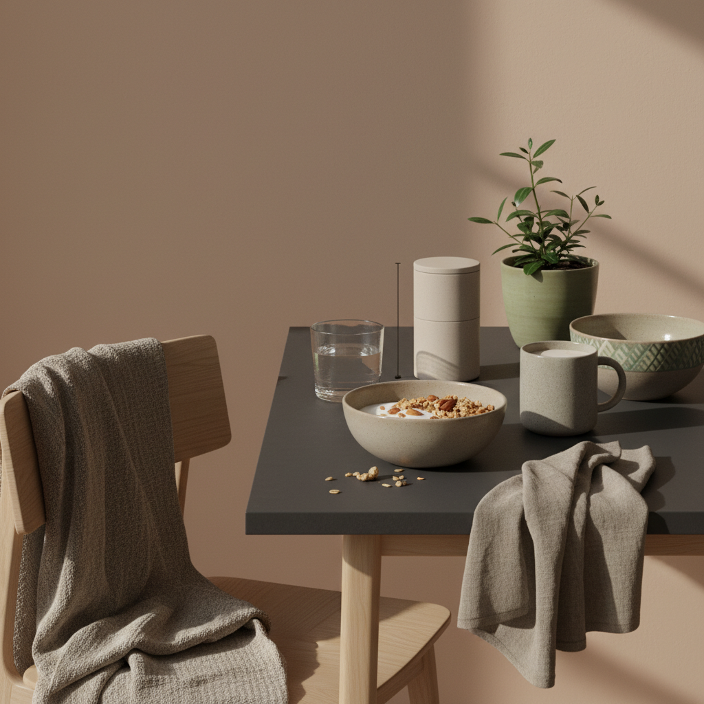 Minimalistisches Vegardians-Frühstück mit Granola, Joghurt, Nüssen, Keramik-Shake und Produkt aus Referenzfotos auf einem ruhigen, winterlichen Tisch – Winterfitness