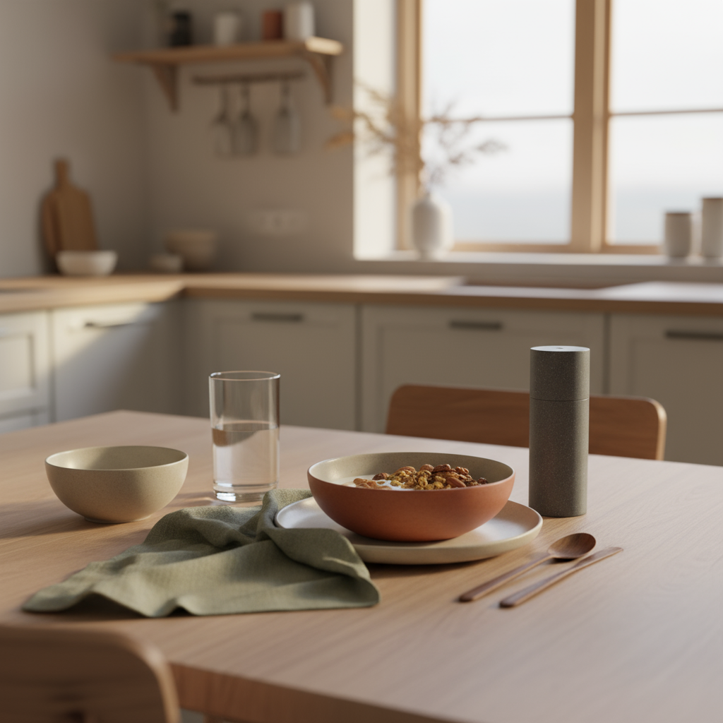 Ruhiges veganes Frühstück mit Granola, Joghurt, Nüssen und Shake auf minimalistischem Tisch im sanften Morgenlicht, dezente Woll- und Leinenakzente – wintergefühle