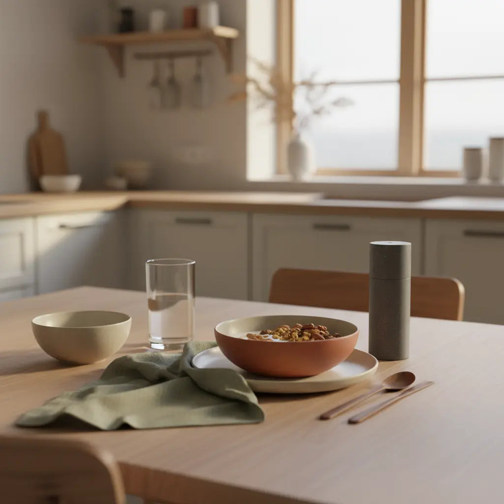 Ruhiges veganes Frühstück mit Granola, Joghurt, Nüssen und Shake auf minimalistischem Tisch im sanften Morgenlicht, dezente Woll- und Leinenakzente – wintergefühle