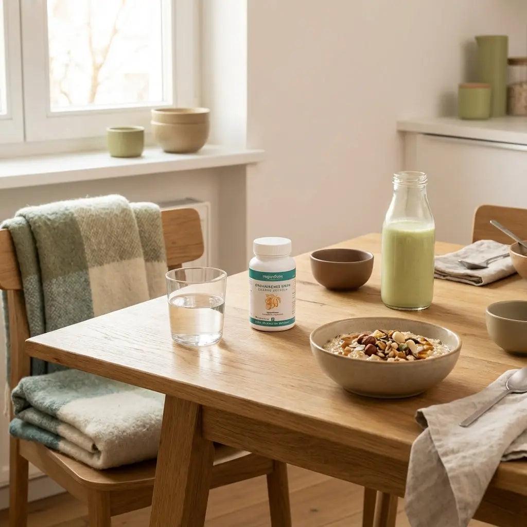 Winterglück: Minimalistische vegane Frühstücksszene auf nachhaltigem Holztisch im sanften Wintermorgenlicht mit Porridge, Nüssen, pflanzlichem Shake, Glas Wasser und Wollakzent.