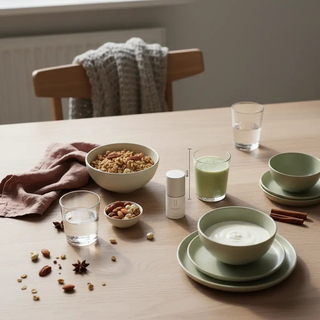 Wintermotivation: Minimalistisches veganes Frühstück auf nachhaltigem Tisch in sanftem Morgenlicht mit Wolltexturen, Leinen, Keramikschalen und beige-sage Farbwelt.