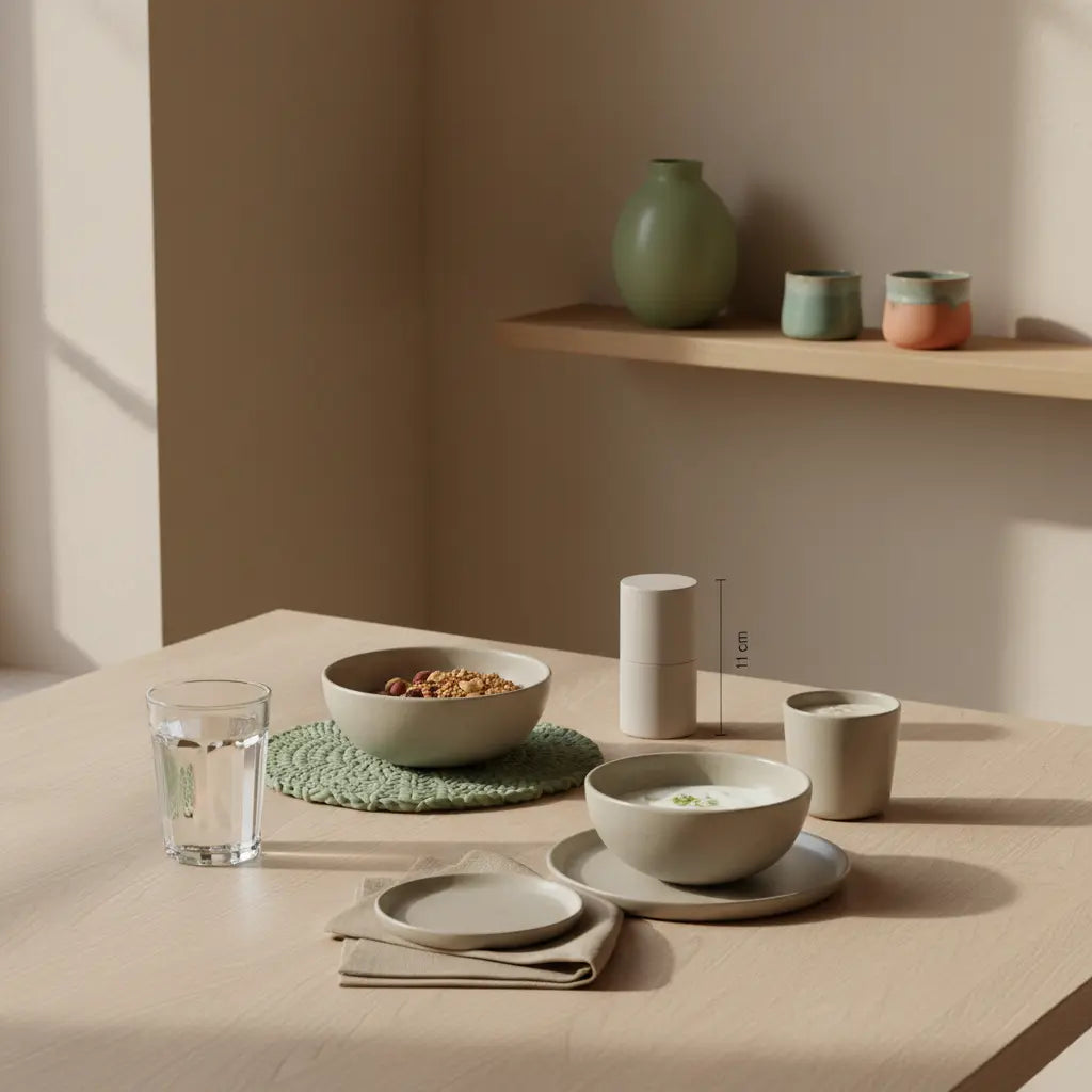 Minimalistisches veganes Frühstück mit Granola, pflanzlichem Joghurt, Nüssen und Shake auf nachhaltigem Tisch in sanftem Morgenlicht — Wintermotivation