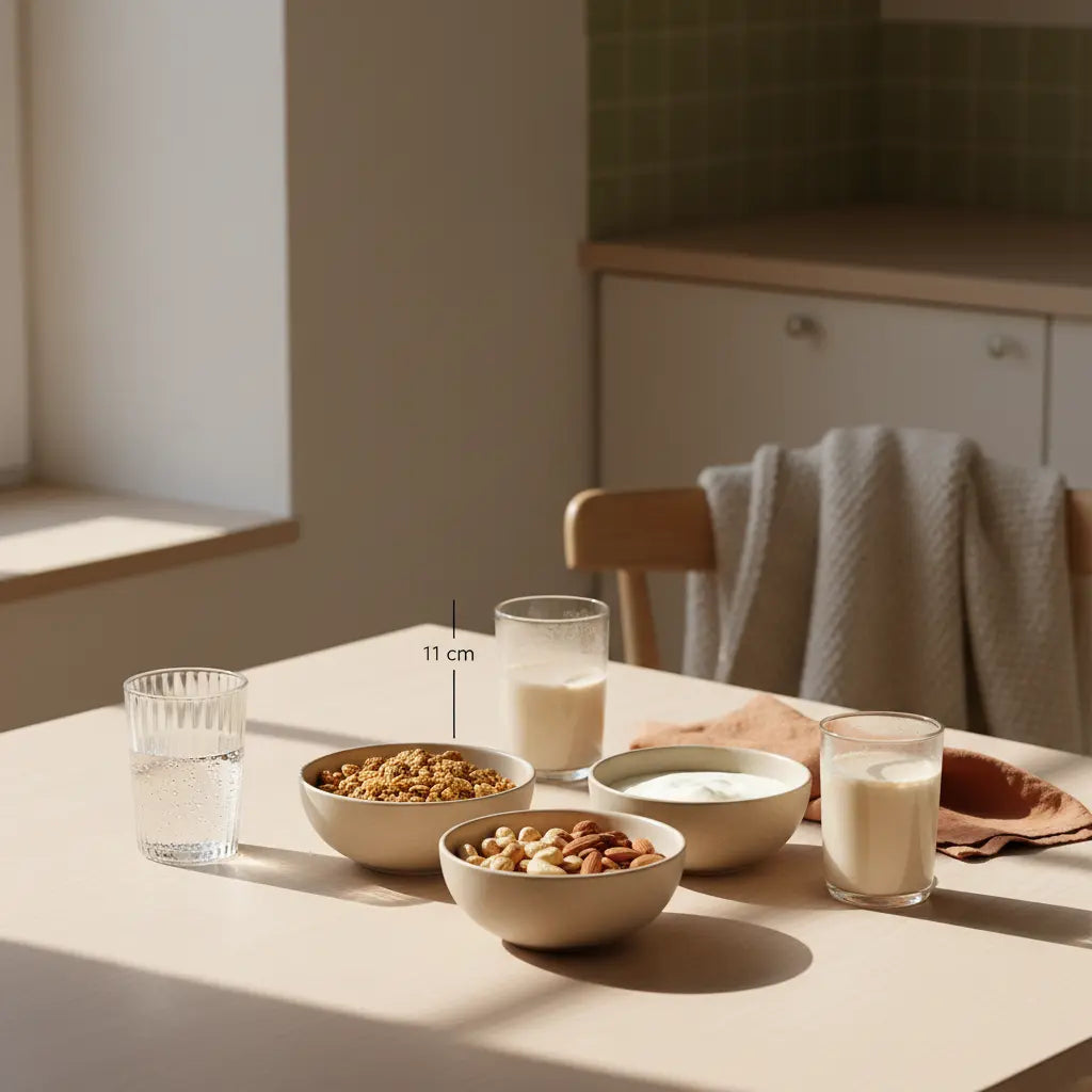 Wintermotivation Tipps – ruhiges Frühstück mit Granola, pflanzlichem Joghurt, Nüssen und Shake auf minimalistisch-nachhaltigem Tisch mit Woll- und Leinenakzenten.