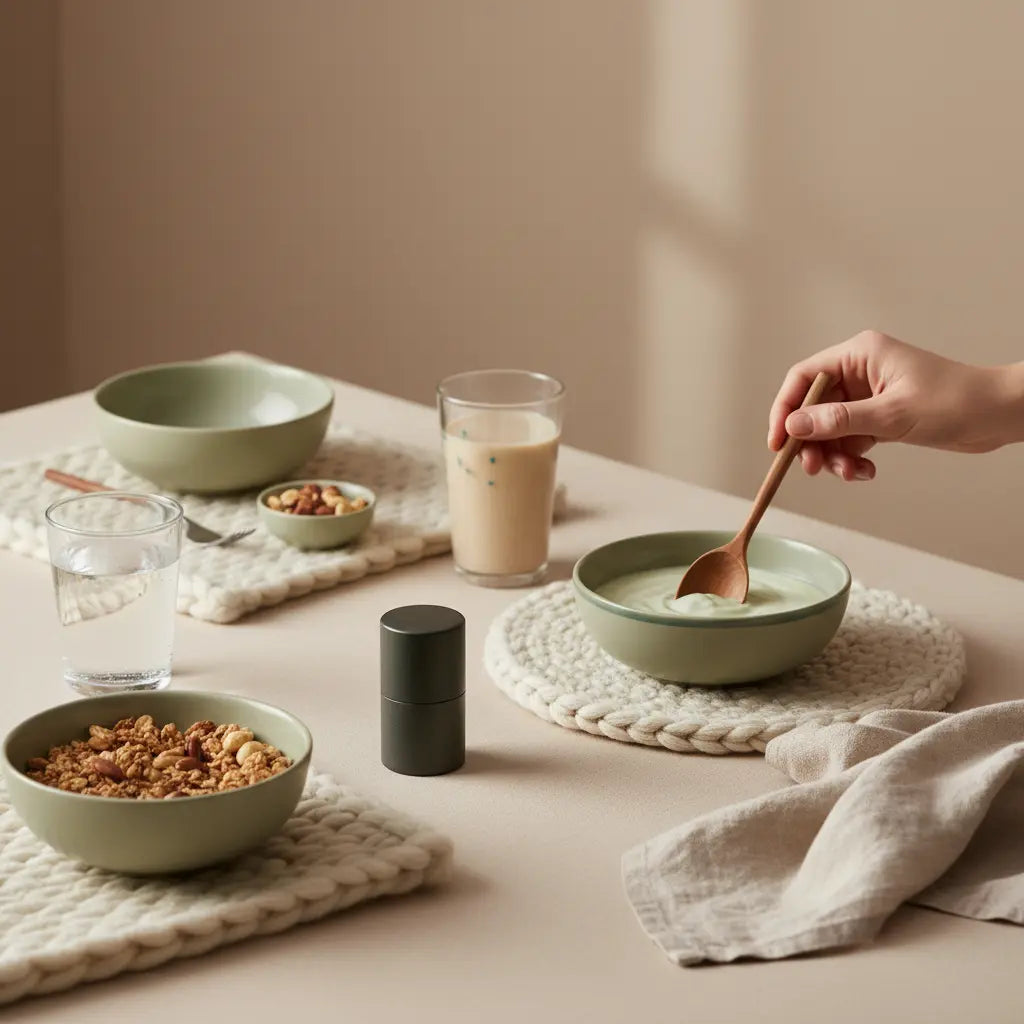 Wintermotivation: Minimalistisches veganes Frühstück mit Granola, pflanzlichem Joghurt, Nüssen und Shake in einer sonnigen, europäischen Küche im sanften Morgenlicht.