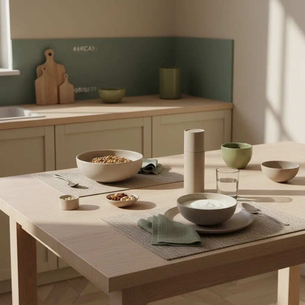 Minimalistisches Frühstück in einer europäischen Küche mit Granola, Pflanzendrink, Shaker und Wolltextilien – beruhigend gegen Wintermüdigkeit.