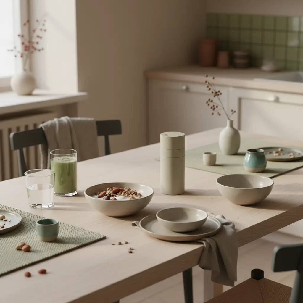 Minimalistisches Vegardians-Frühstück mit Granola, Pflanzenshake, Keramikschalen und Wasserglas auf nachhaltigem Tisch mit Wolltexturen – ideal für wintertraining tipps