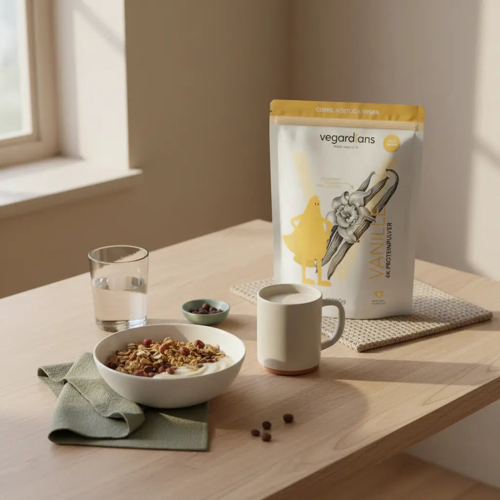 Wird Radfahren meine Körperform verändern? Minimalistische Küchenszene mit veganer Mahlzeit, Proteinshake und Vegardians-Produkt auf nachhaltigem Holztisch im sanften Morgenlicht