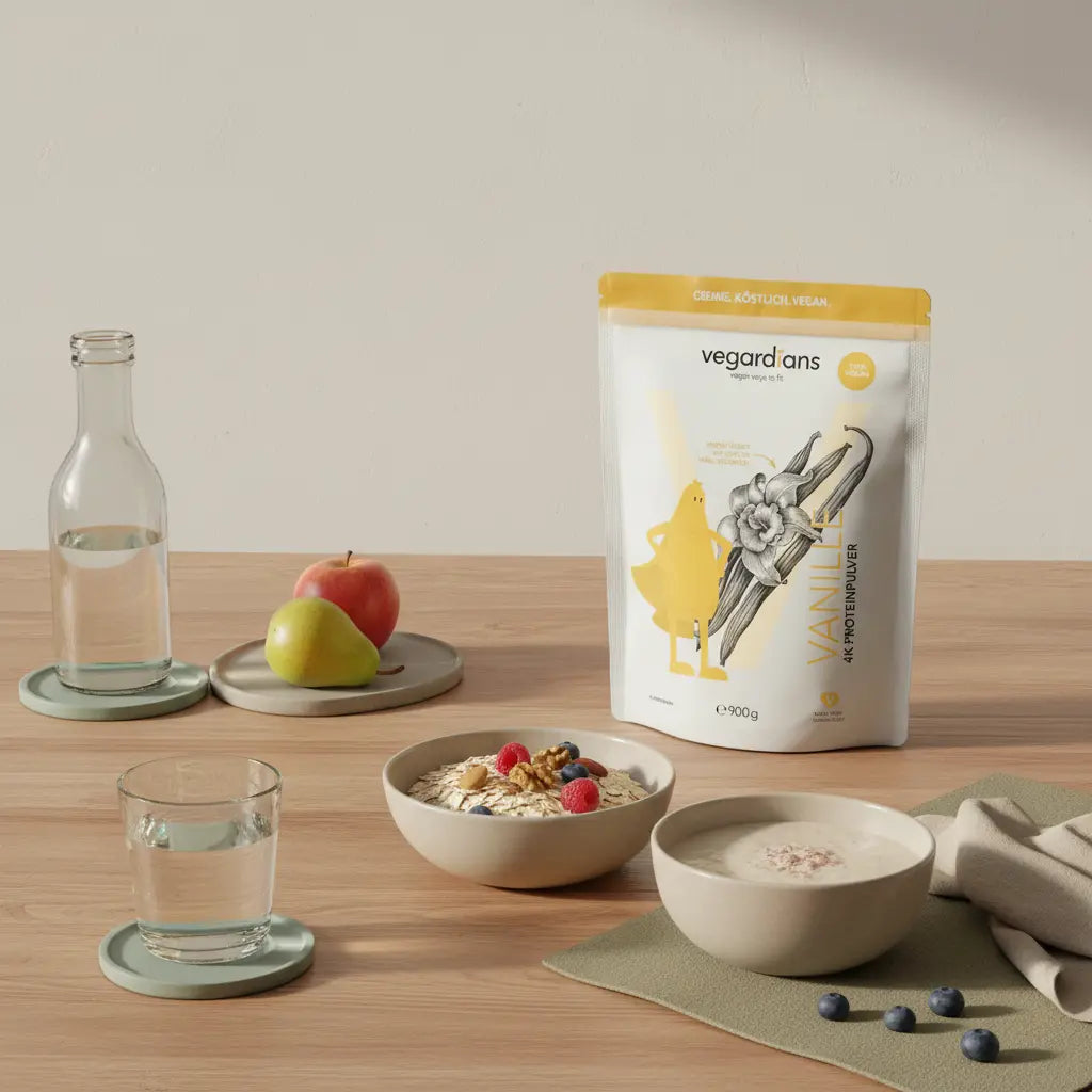 Minimalistische Morgenküche mit nachhaltigem Holztisch, Glas Wasser, Haferflocken, Obst und Proteinshake – Wo bekomme ich Hilfe beim Abnehmen