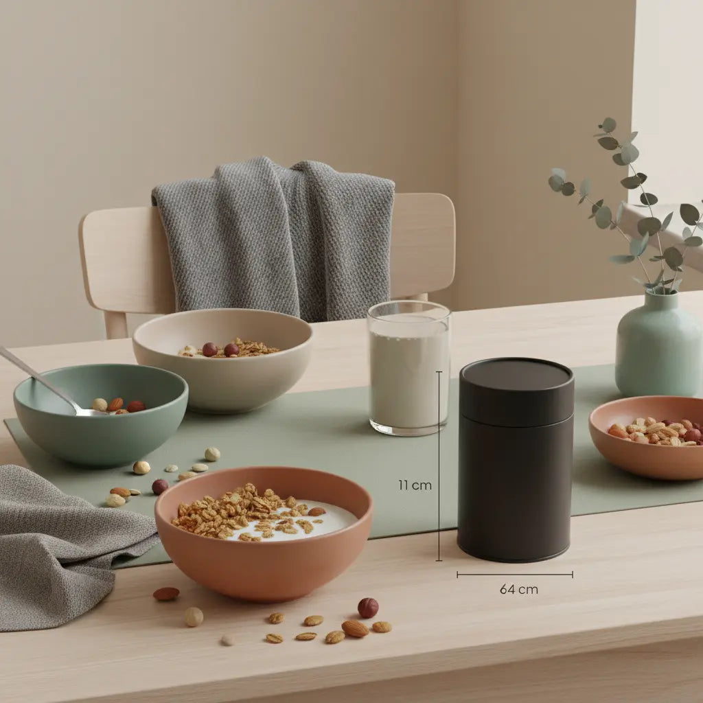 Minimalistisches veganes Frühstück mit Granola, pflanzlichem Joghurt, Nüssen und Proteinshake in Morgenlicht — wo ist am meisten eiweiß drin vegan