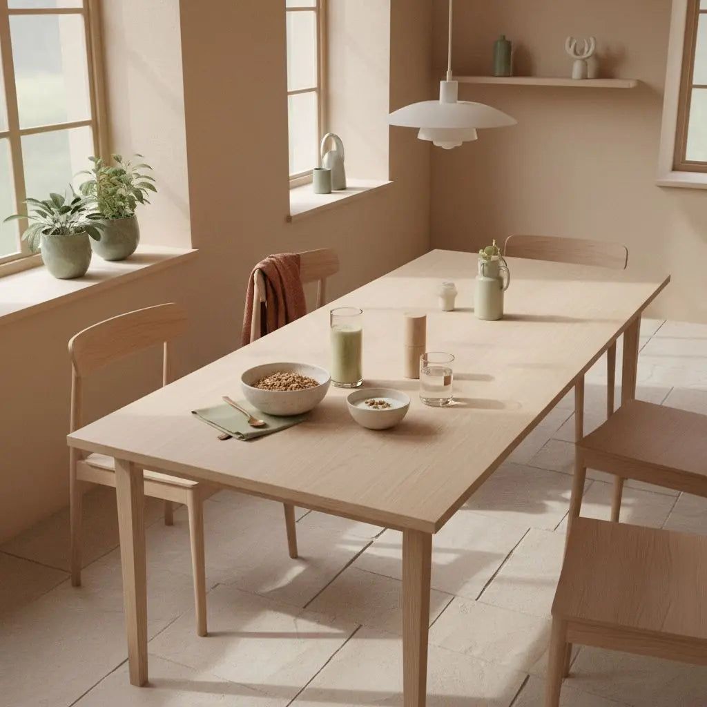 Veganer Frühstückstisch mit Granola, Joghurt, Nüssen und Shake in ruhiger Küche als Vorbereitung für workout zuhause.