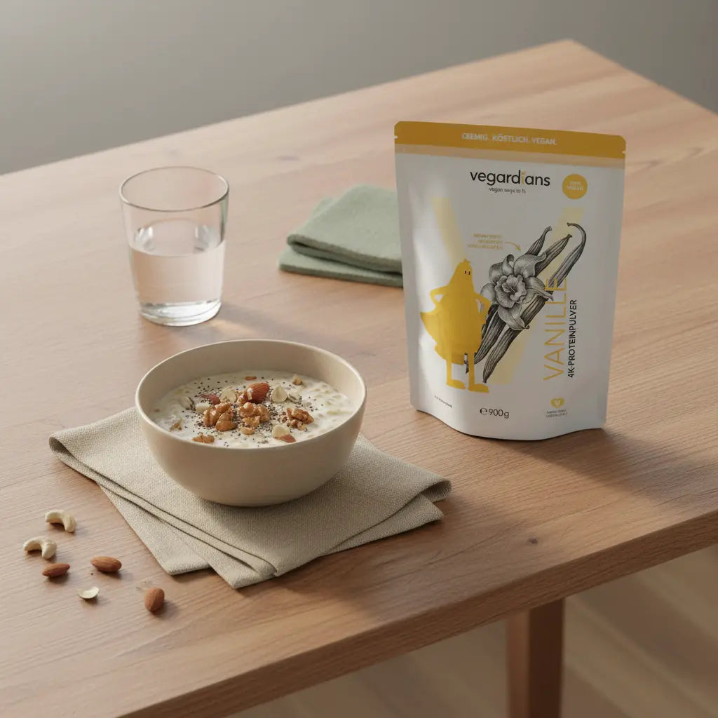 Morgendliche, minimalistische Küchenszene mit Glas Wasser, Haferflocken mit Nüssen und Proteinshake (Das Produkt aus den Referenzfotos) auf nachhaltigem Holztisch — Workouts zu Hause effektiv