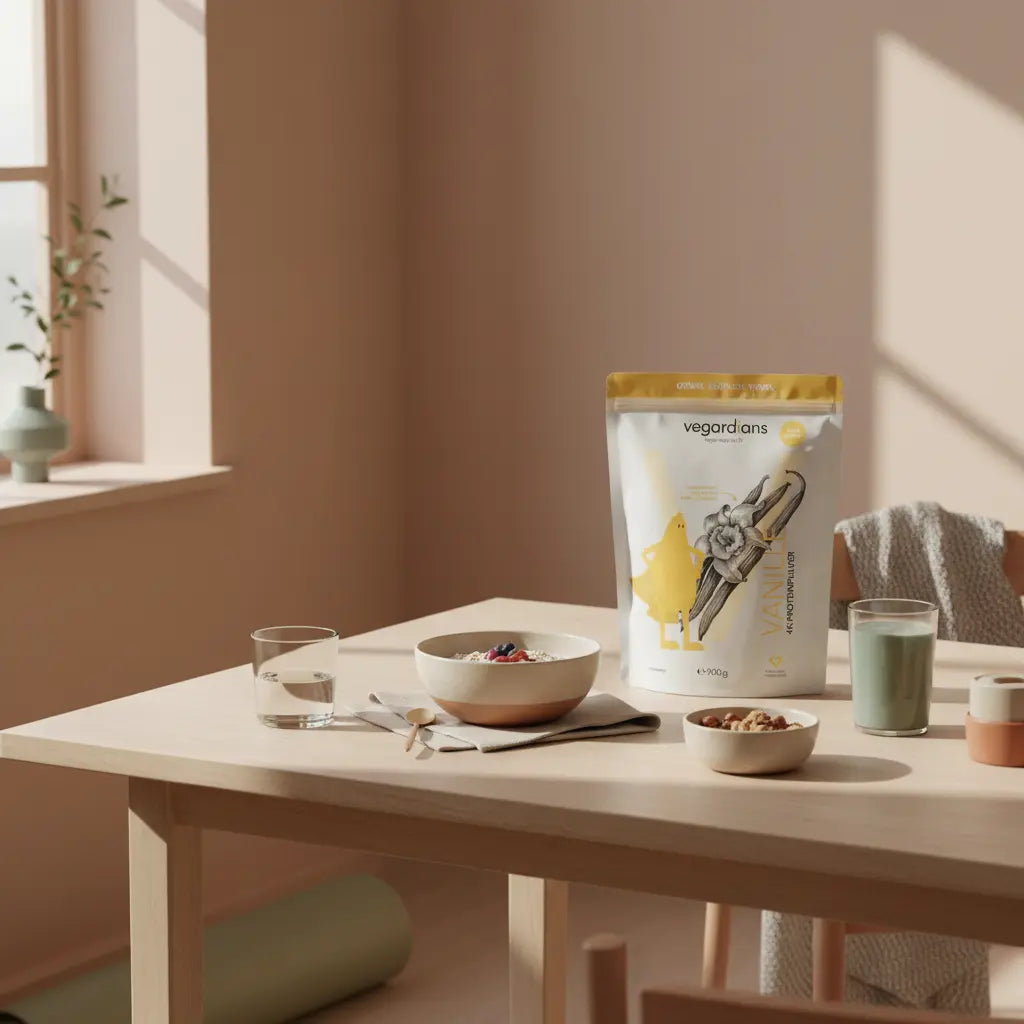 Yoga Stretching Morgenroutine: helle Yogamatte neben nachhaltigem Tisch mit Glas Wasser, Haferbrei, Nüssen und Shake in minimalistischer, natürlicher Szene